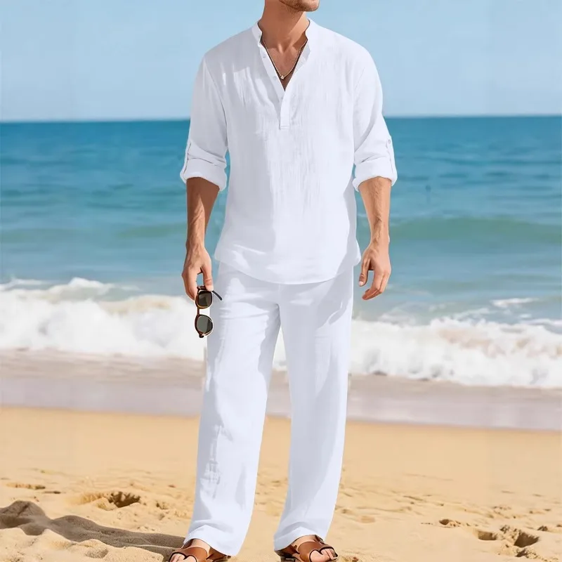 

Men's Linen Solid Color Two Piece Set Casual Fashion Turn Down Collar Long Sleeve Shirt Loose Pants Outfit