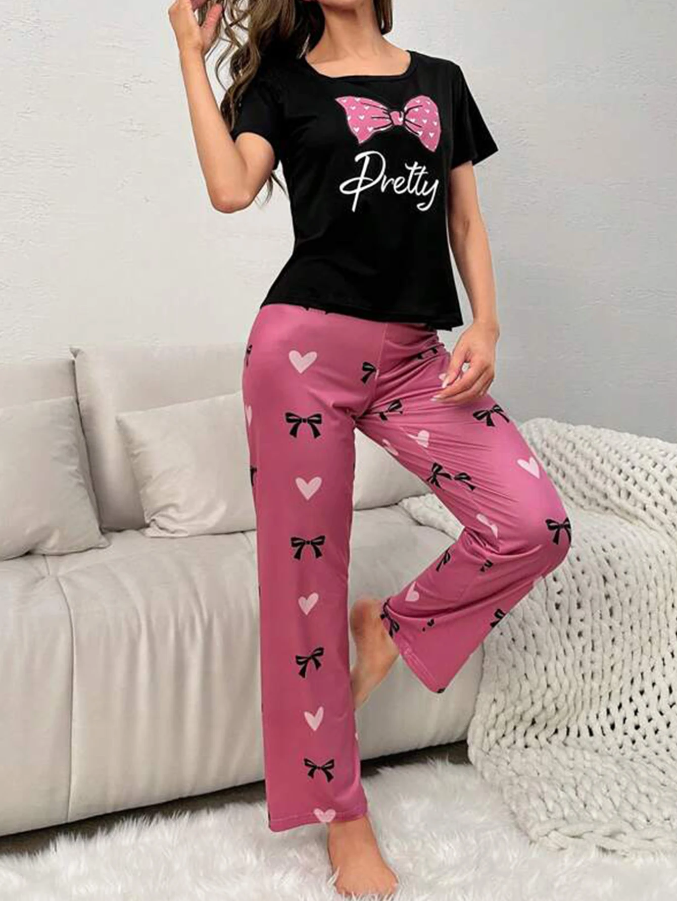 Cozy Heart Bow Knot Pajama Set For Women Lightweight Soft Short Sleeves Sleepwear crew Neck Top Loungewear Set