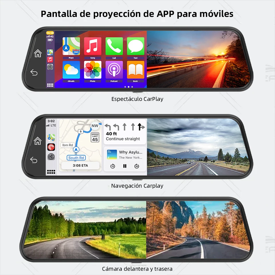 Cámara DVR para Auto con Espejo de 9.66 Pulgadas y Resolución 4K, Compatible con Android Auto, WiFi 5G, GPS, Cámara Trasera 1080P, Visión Nocturna, Grabación en Bucle, Monitor de Estacionamiento 24H