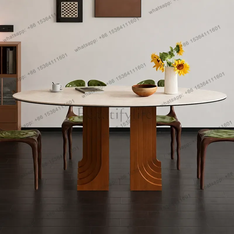 FG Rock Slab Oval Dining Table Set Modern Simple Wabi Style High End Light Luxury Cave Stone Texture Dining Table and Chairs