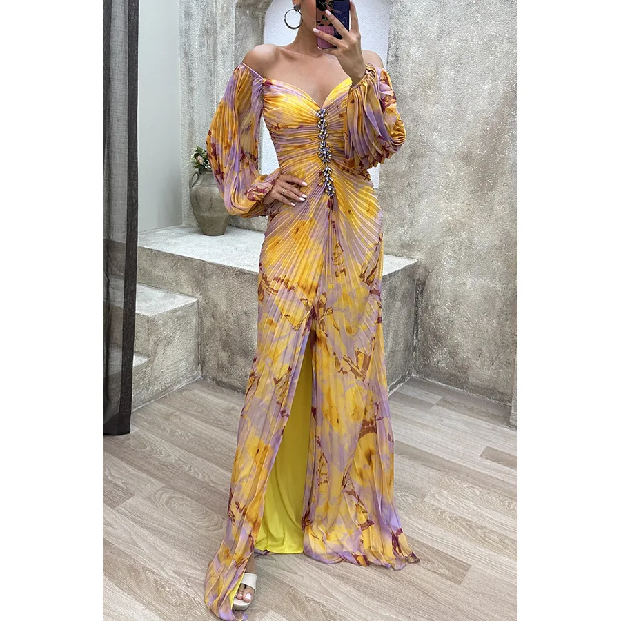 

Elegant Prom Dresses 2024 Luxury Gowm Pleated Woman Print Long Sleeve Off Shoulder V-neck Party Homecoming Maxi Dress
