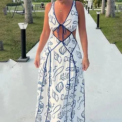Elegant Dress for Women Streetwear Print Casual Vacation V-neck Print Bikini Y2k Skirt Lace Up Hollow Backless Maxi Dresses