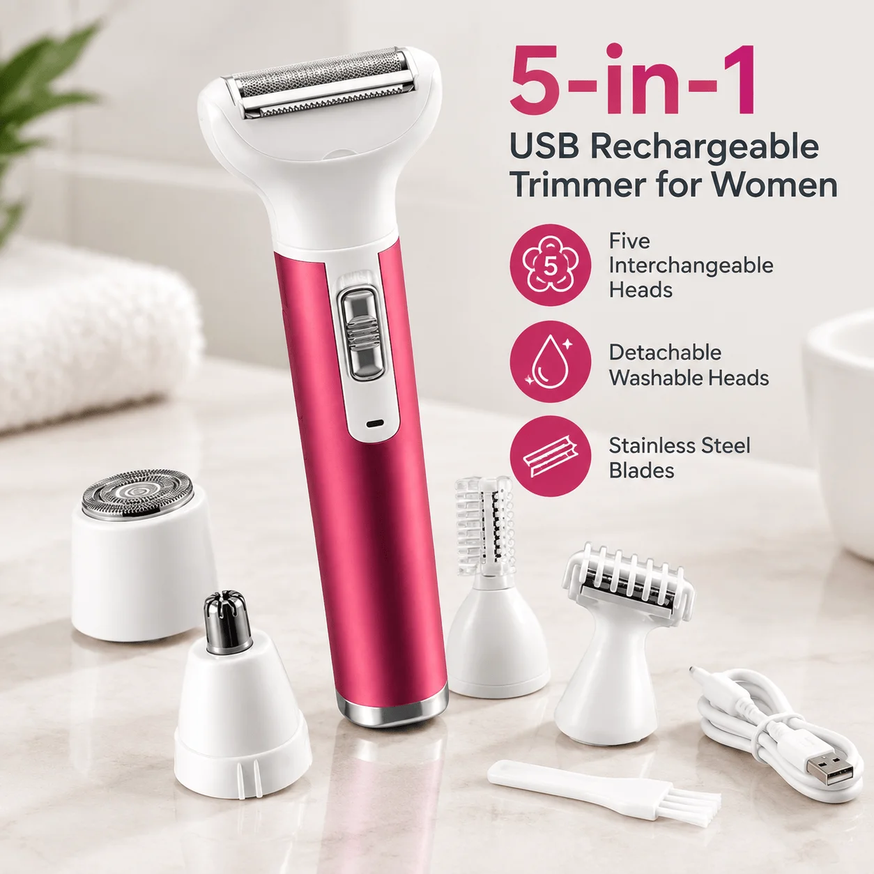 5-in-1 USB Rechargeable Trimmer for Women, Five Interchangeable Heads, Detachable Washable Heads, Stainless Steel Blades, Aluminum Alloy and ABS Body, for Body Hair, Eyebrow and Nose Hair Grooming, XD-3011, 138 x 50 x 25mm