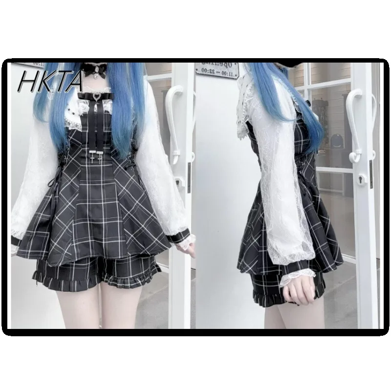 日本製大量生産スクエアネック長袖レースエッジボウラインストーン黒格子柄ドレスレースショーツロリータセット女性用