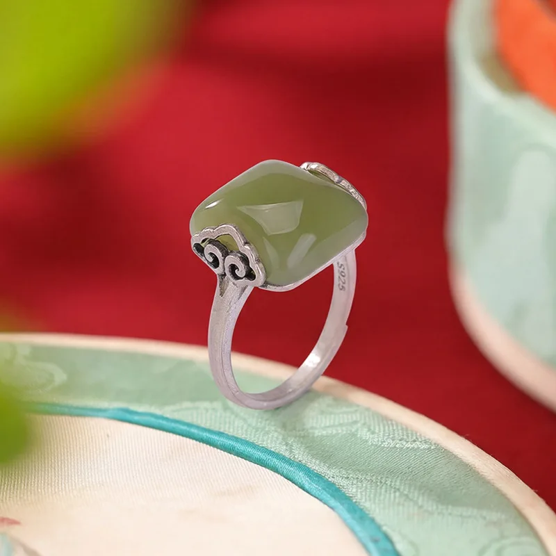 Natural Hetian S925 Sterling Silver Green Jade Ruyi Square New Style Ring