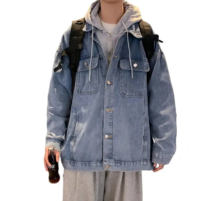 

Модная свободная мужская джинсовая куртка, осенне-зимняя модная универсальная верхняя одежда с капюшоном, корейский топ из двух предметов