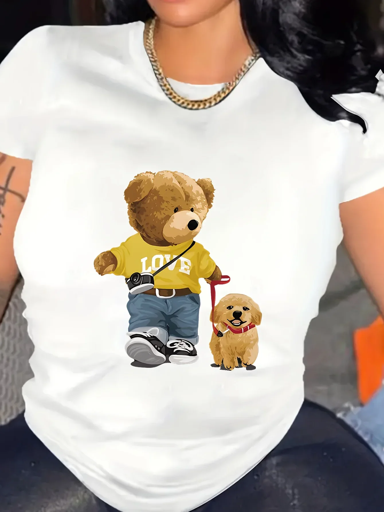 Summer and Spring Women's Short Sleeved Round Neck Casual Top T-shirt with Teddy Bear Pattern Women Clothing Y2K Top Harajuku