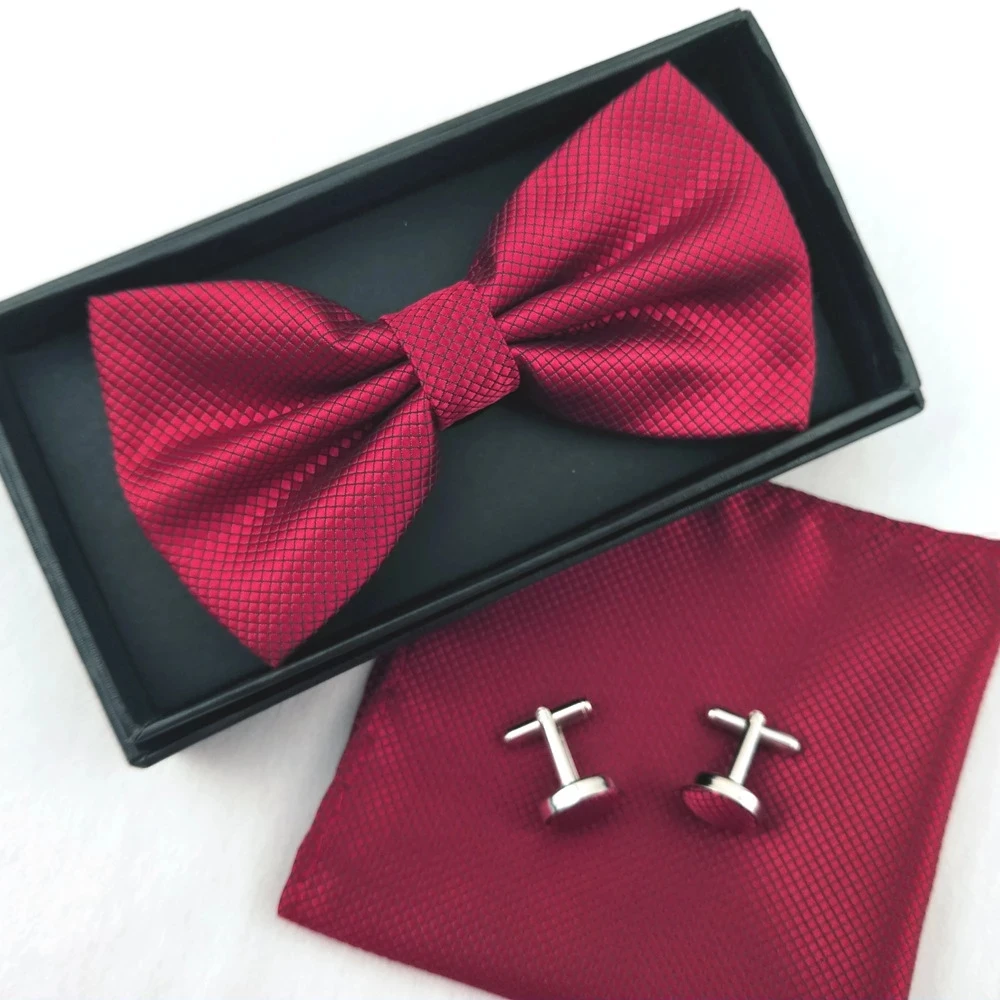 3pcs Bow Set Cufflinks Pocket Square Burgundy Bowtie For Man Wedding Party Office Blouse Accessories Solid Color Butterfly Bow