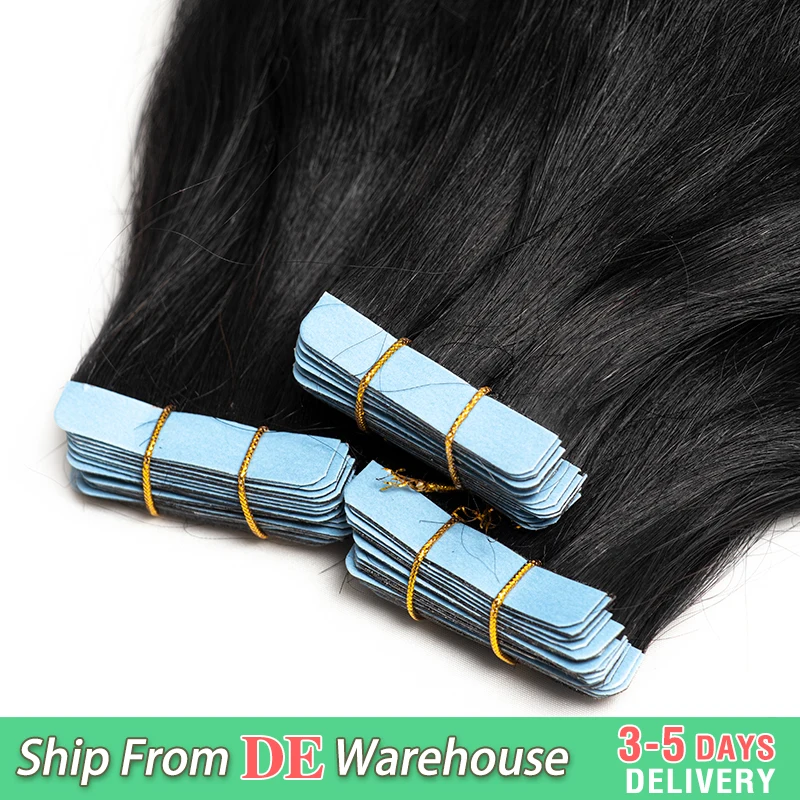 20pzs Kinky Recto Cinta en Extensiones Cabello Humano Real Cinta en Extensiones Cutícula Remy Cinta en Extensión de Cabello 18 22pulg
