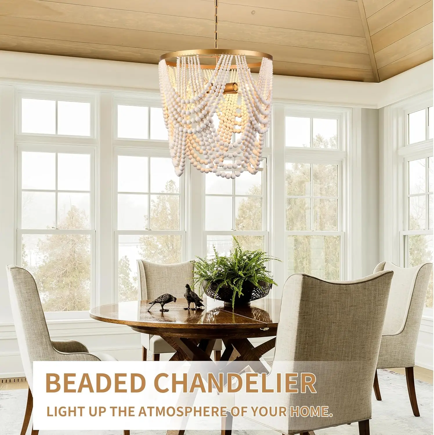 Boho Wood Beaded Chandelier with 5 Lights in Gold and Oak Finish for Dining, Living, Bedroom view 5