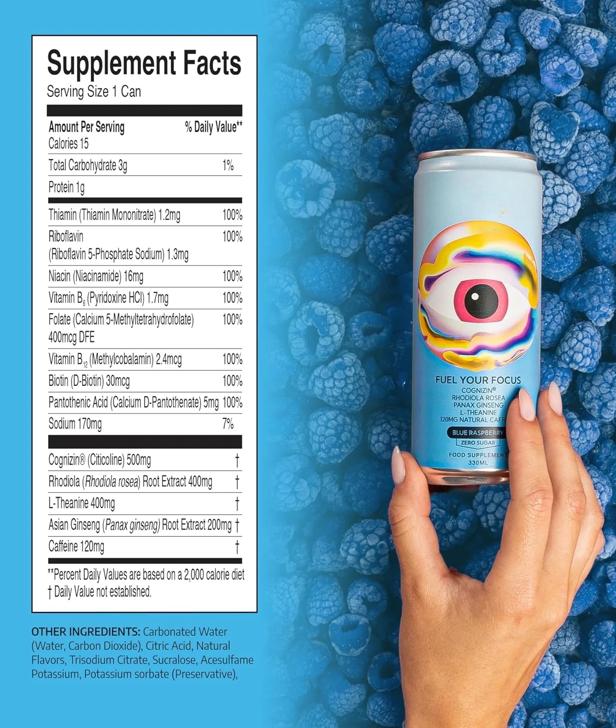 Bebida energética de productividad | Frambuesa Azul 12 Latas | 120 mg de cafeína natural, cero azúcar | Soporte de memoria, envío gratis