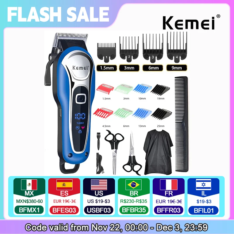 Kemei máquina de cortar cabelo profissional máquina de cortar cabelo elétrica faca barba máquina de cortar cabelo sem fio com fio