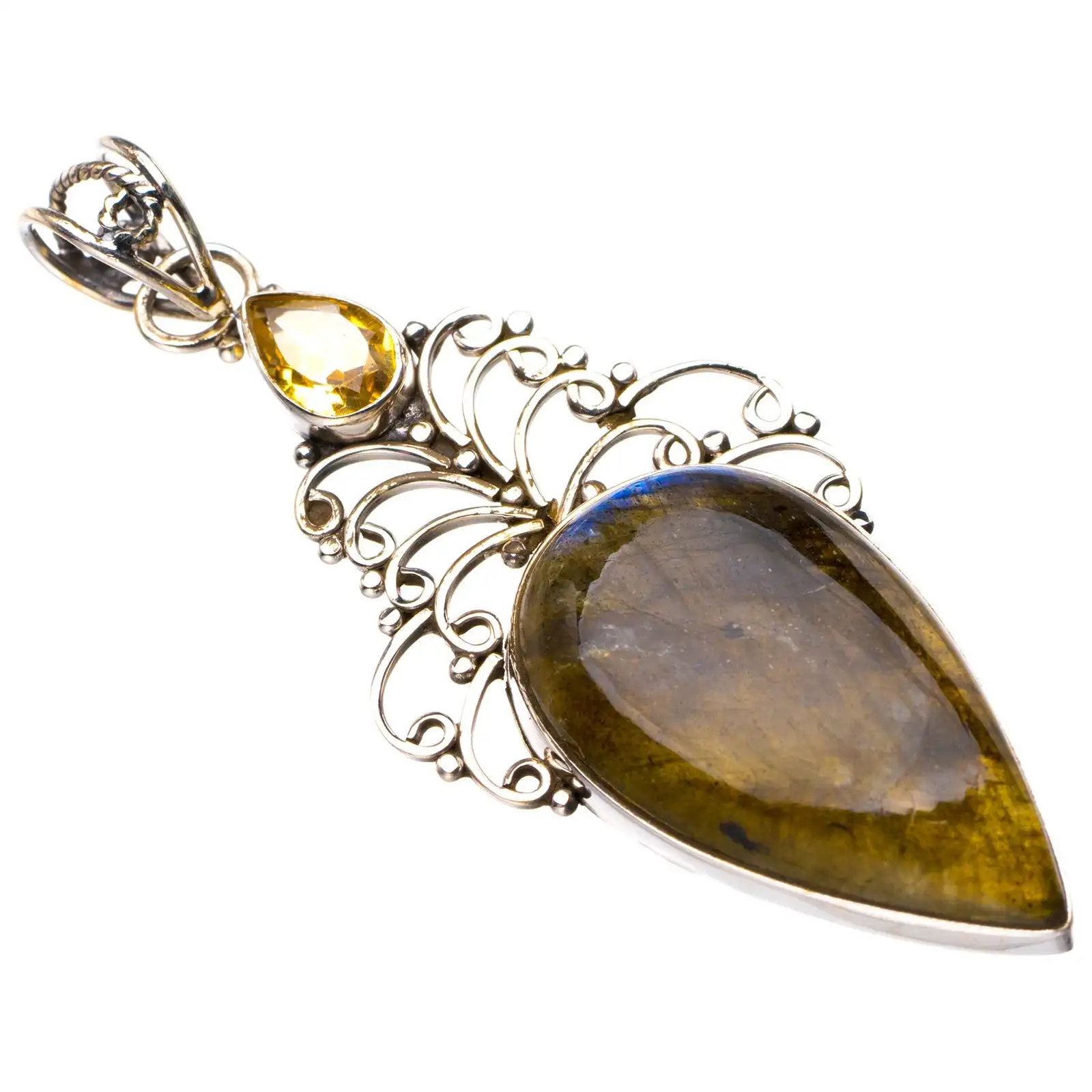 

StarGems Natural Blue Fire Labradorite And Citrine Handmade 925 Sterling Silver Pendant 2.25" D6493