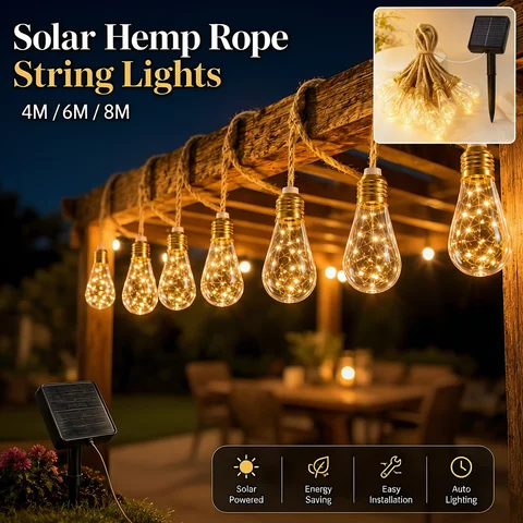 Solar String Lights Hemp Rope Edison Bulb Fairy Lights 4M/6M/8M Warm White for Garden Patio Pergola Wedding Christmas Decor