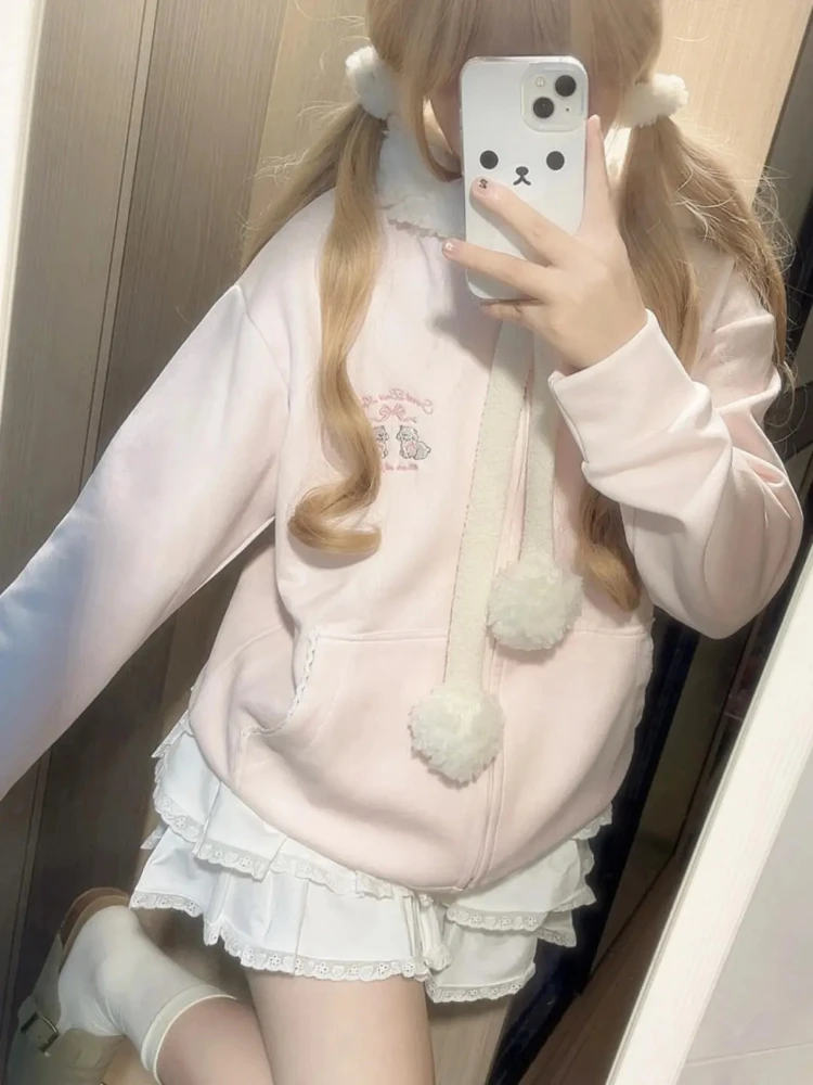 Harajuku الحلو Kawaii معطف فضفاض كم طويل مع مقنع المرأة اليابانية لطيف سستة بلوزات عادية Y2k سترة معطف أنيق