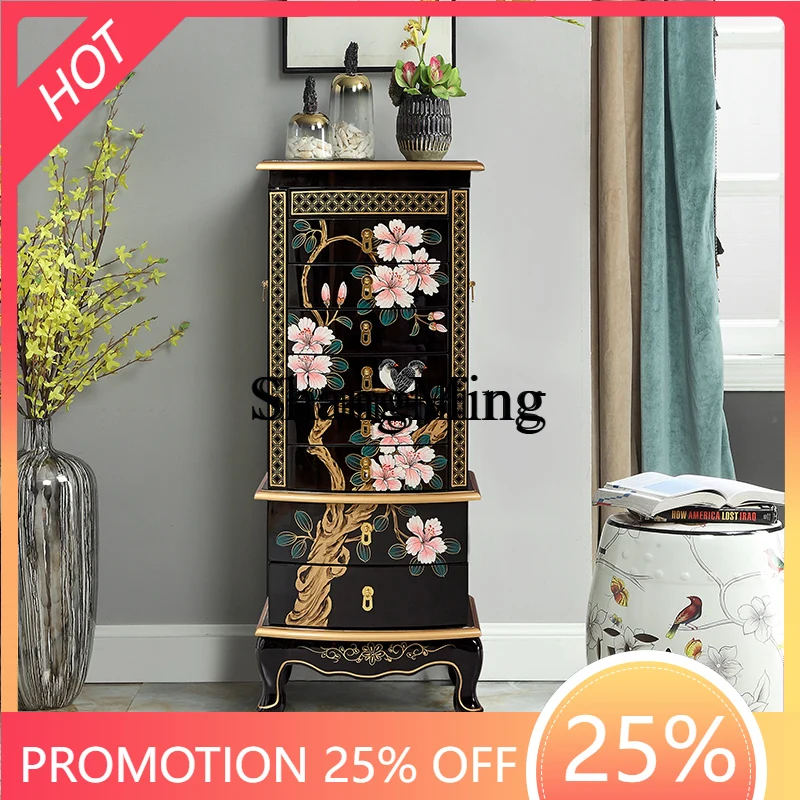 

FG good-looking Painted Bucket Cabinet Bedroom Jewelry Cabinet Black Painted with Mirror Storage New Chinese Storage Cabinet