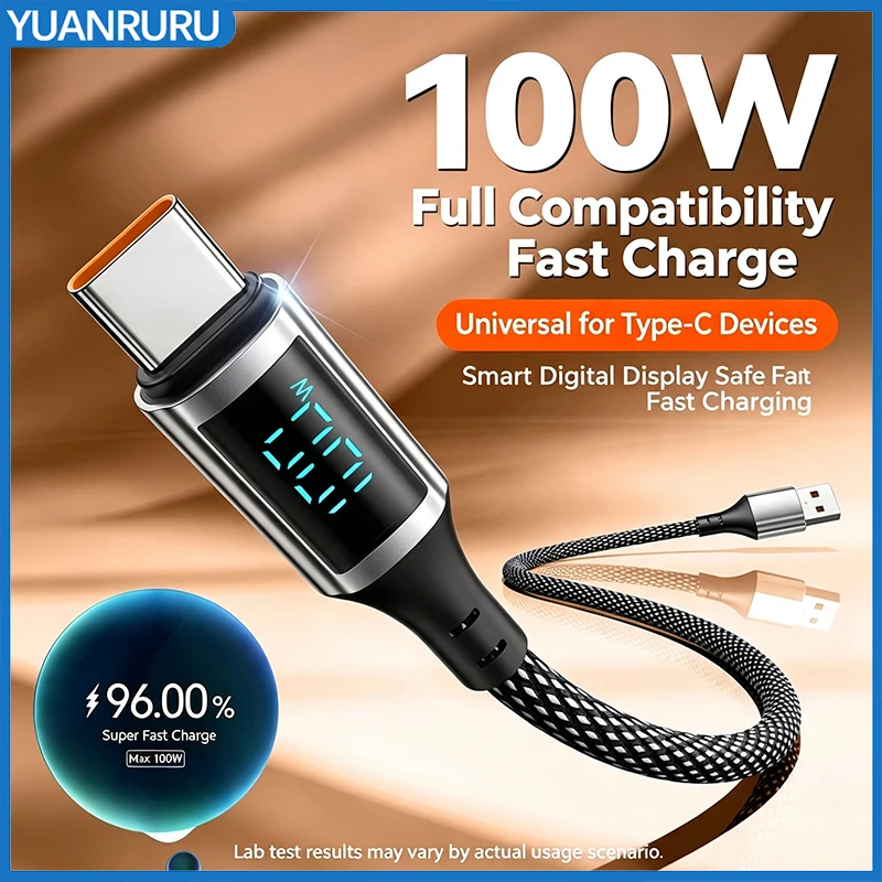 Super Fast Charge Cable 6A 100W USB To C and C To C Nylon Data Cord For Xiaomi Redmi Samsung With Led Digital Display Cable