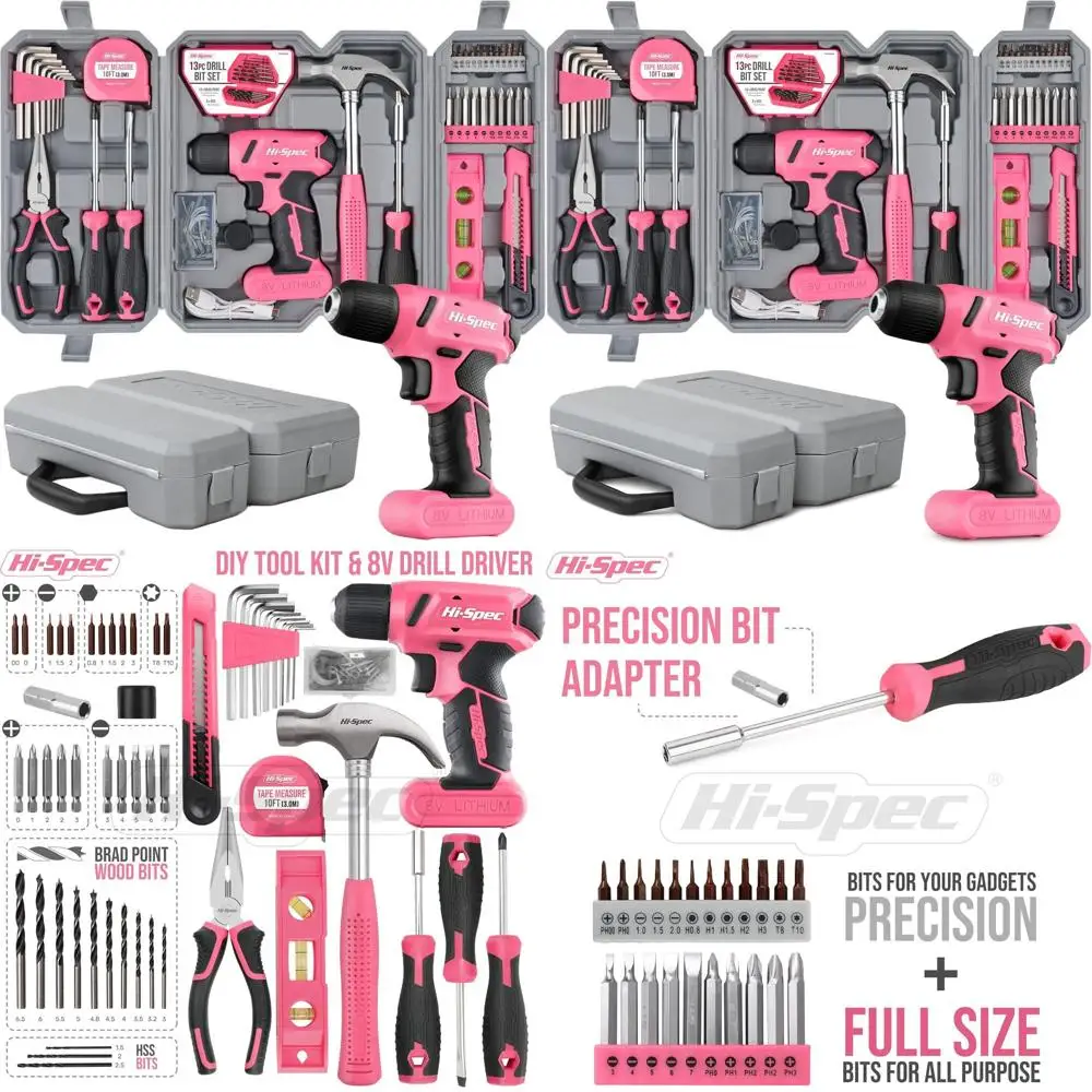 

8V Pink Cordless Drill Set for Women with DIY Tools, Screwdriver, Bit Set, Pliers, and Hammer in a Portable Case