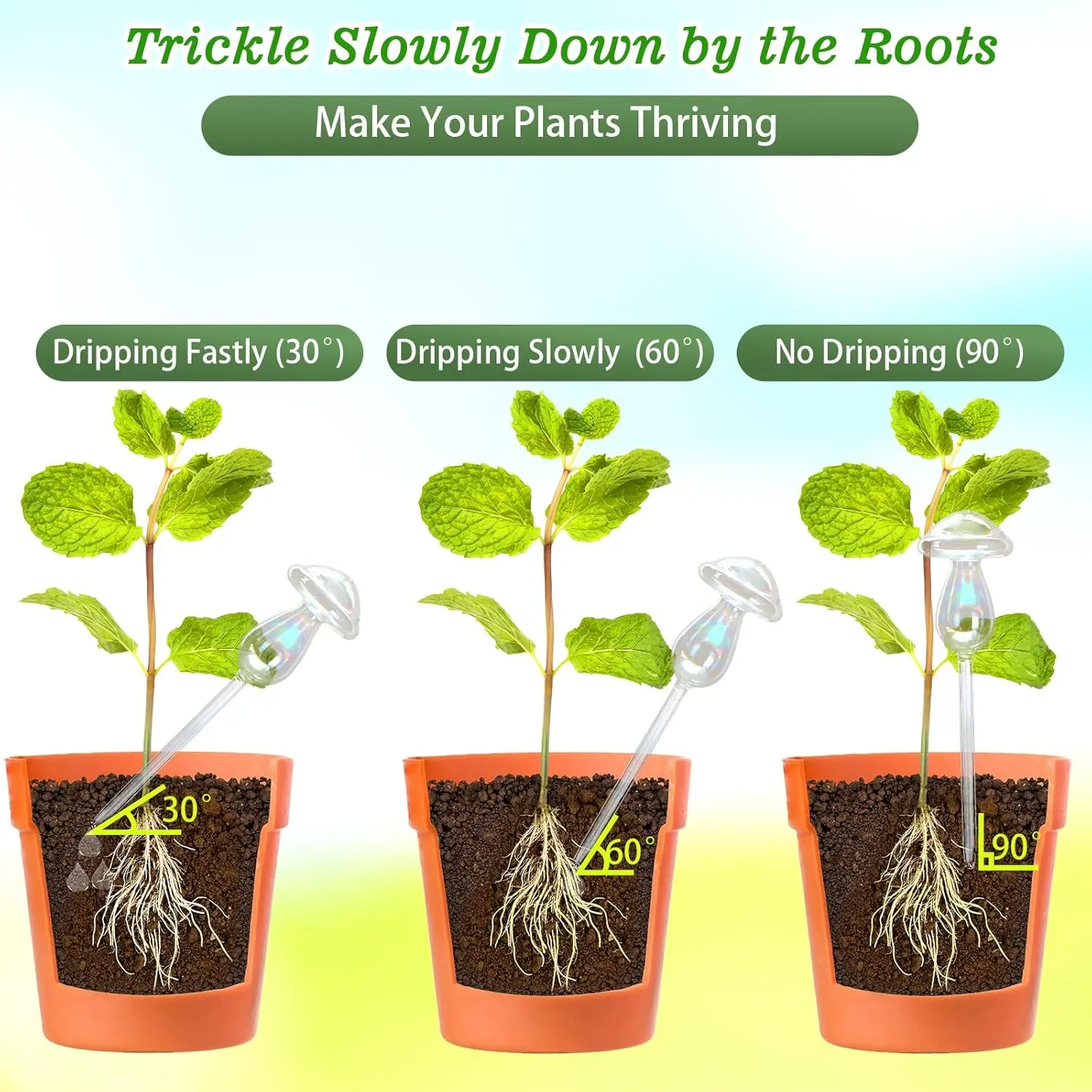 

2 шт., цветные прозрачные стеклянные грибы с радужным градиентом, самополивающиеся заостренные вставки для цветочных горшков, автоматический полив всех растений