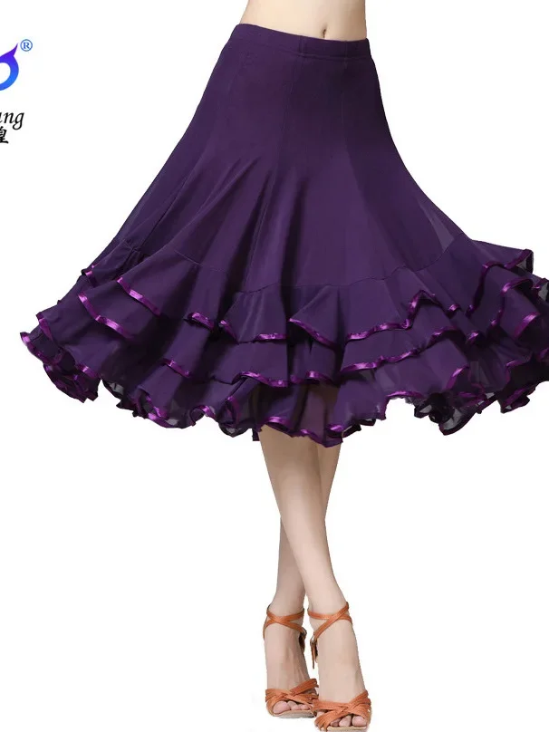 New Style Ballroom Dance Dress garza Swing gonna latino Social Dance Practice mezza lunghezza Solid Ruffle Edge Skirt