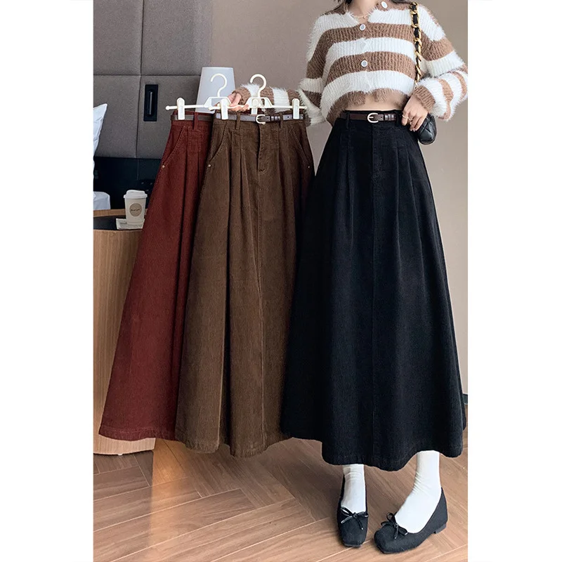 Ankela Red Korean Skirt2024Autumn and Winter New Women's High Waist Retro Slimming Leisure Corduroy Dress