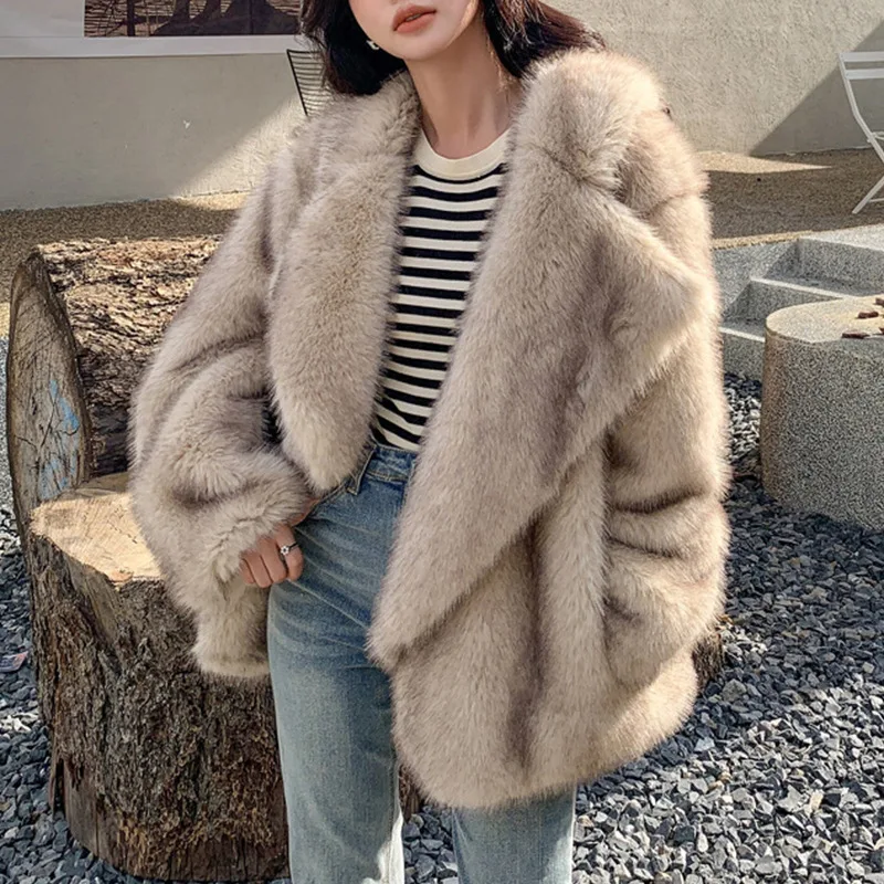 Femmes chaud fausse fourrure de renard manteau à manches longues revers manteaux courts dame veste élégant Streetwear fourrure vestes Cardigan automne hiver