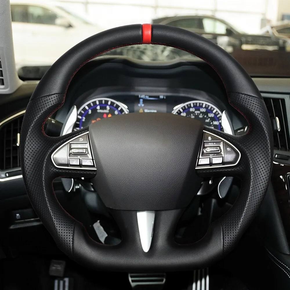 

Для Infiniti Q50 QX50 Q50L 2013-2017: Спортивный руль из натуральной кожи с красной центральной линией, без подогрева, обновленные автомобильные аксессуары