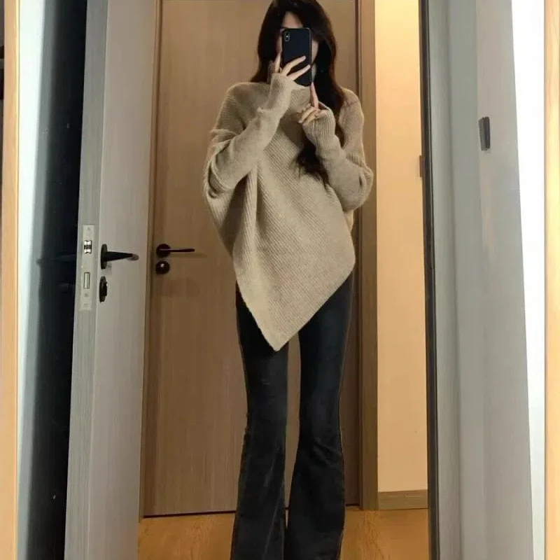 

Autumn Winter New Women Sweater Korean Fashion Chic Casual Turtleneck Solid Asymmetr Loose Batwing Sleeve Pullovers Knitted Tops
