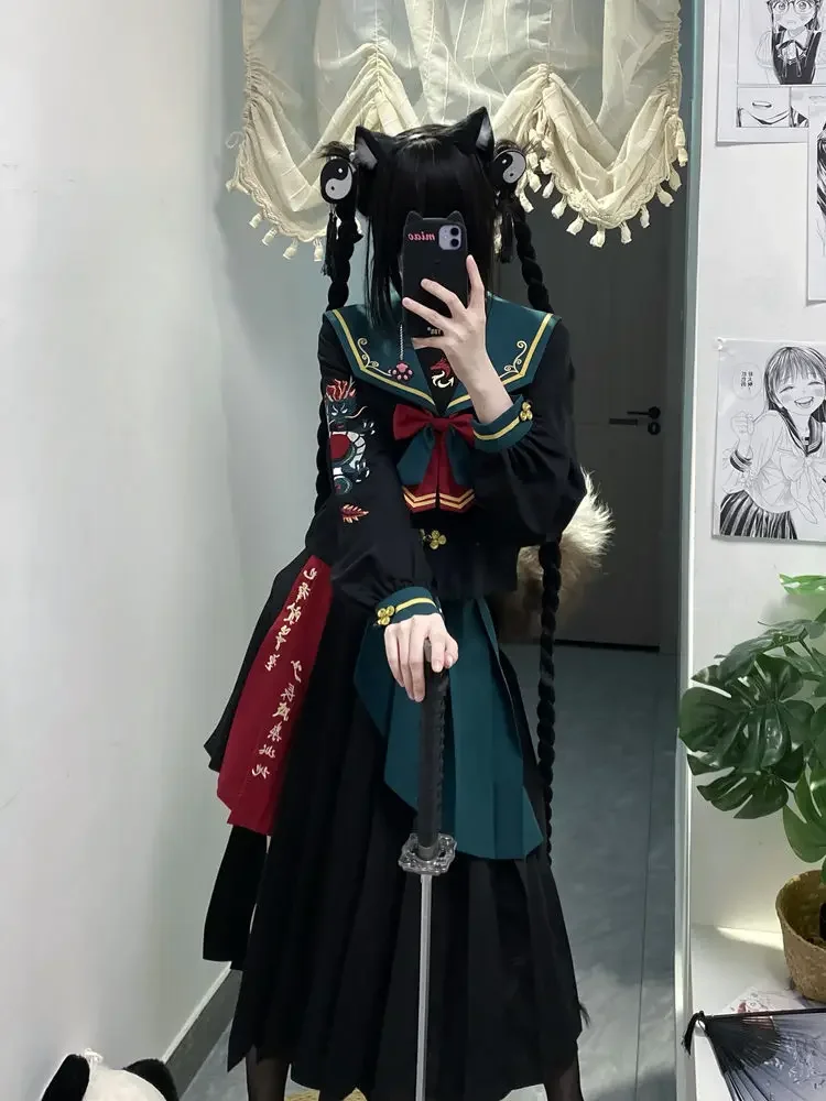 

Halloween Cos Cosplay Children's Day Fire Dragon Jk Uniform Japanese Style Sailor Uniform Long Sleeves Defective Long Skirt Suit