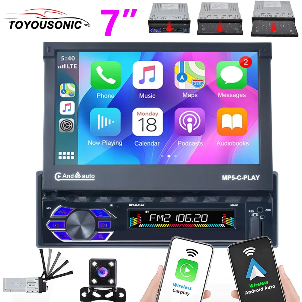 

TOYOUSONIC 7 inch Car Radio Retractable Screen Universal Multimedia Video Player CarPlay Android Auto USB BT 1 Din MP5 Stereo