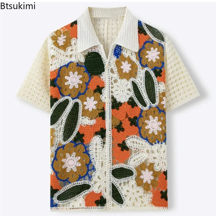 Men's Retro Floral Crochet Knit Polo Shirt Short Sleeve Hollow Out Camp Collar Button Down Casual Summer Cardigan Beach Vacation