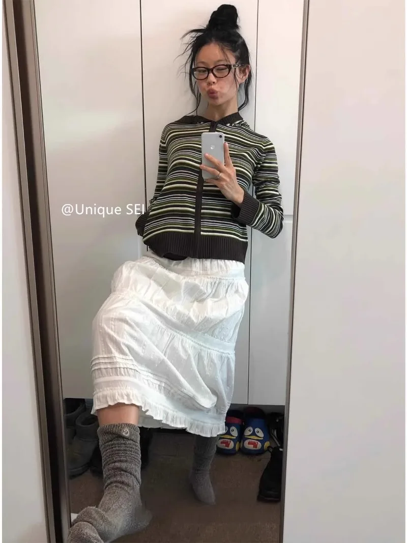 

Women Long White Casual Japanese Retro Lace Plaid Cake Skirts Faldas Largas Pleated Midi Grunge Subcultural American Streetwear