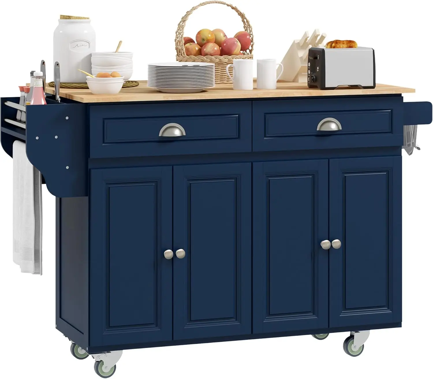 Homcom Rolling Kitchen Island Drop Leaf, Kitchen Cart On Wheels, Solid Wood Top Breakfast Nook With Storage Drawers, 4-Door