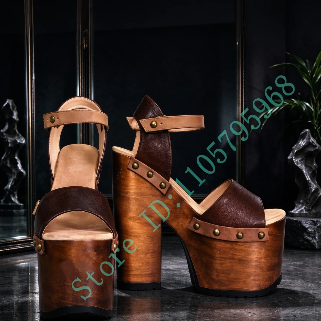 Vintage Rivet Super High Platform Block Heel Sandals Open Toe Ankle Strap Party Women Shoes
