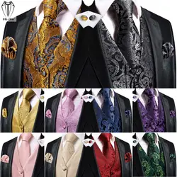 Hi-Tie Silk Mens Dress Vest Tie Jacquard Autumn Spring Suit Waistcoat Necktie Hanky Cufflinks for Men 30 Colors Jacquard Woven