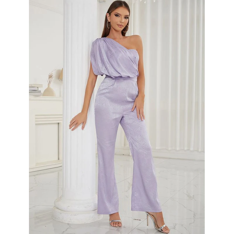 MSMUSI 2025 New Fashion Women Sexy One Shoulder Draped Sleeveless Backless Bodycon Party Club Slim Flare Long Pant Lady Jumpsuit