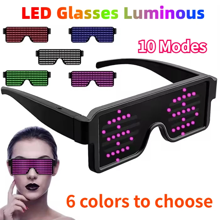 LED Glasses Luminous Flashing Light Screen Display 10 Glow Flashing Modes for Halloween Birthday Rave Music Performance Props