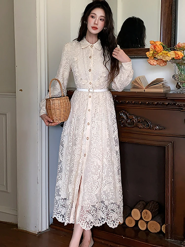 Herbst Spitze Stickerei Langarm Polo Kragen Hemd Kleid Frauen Elegante Verband Kleid 2025, Koreanische Vintage Luxus Abendkleid