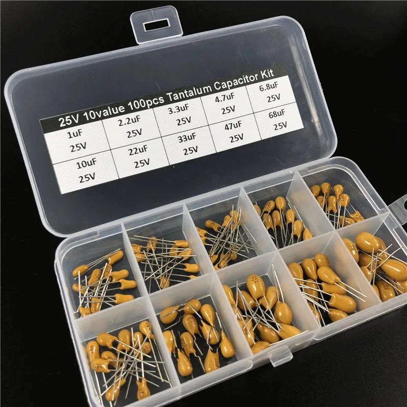 10values 100pcs 25V 1uF 2.2uF 3.3uF 4.7uF 6.8uF 10uF 22uF 33uF 47uF 68uF tantalum capacitor assorted kit with storage box