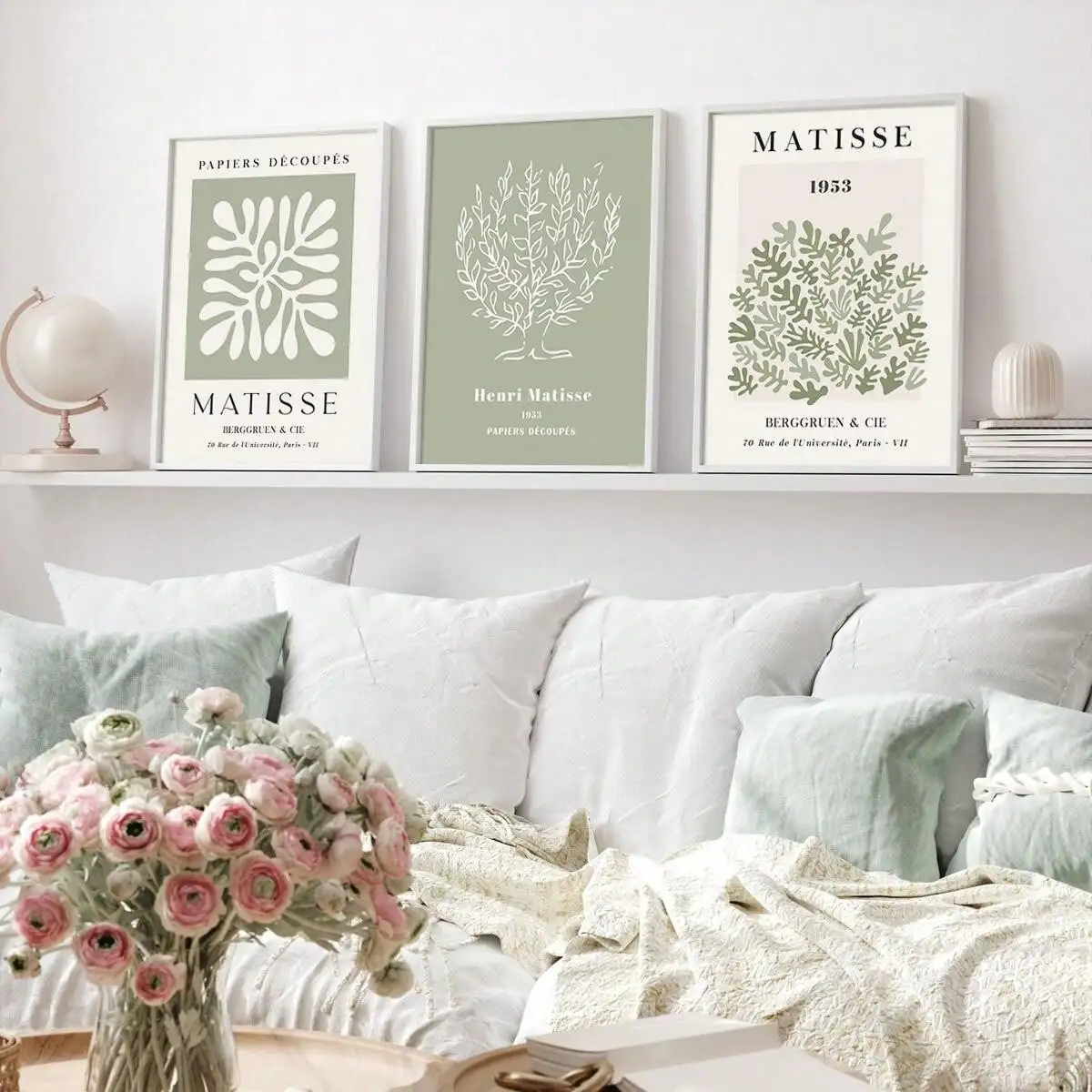 

3pcs Sage Green Spring Flowers Matisse Wall Art Canvas Poster Bohemian Wall Art Minimalist Modern Home Decoration Wall Decoratio