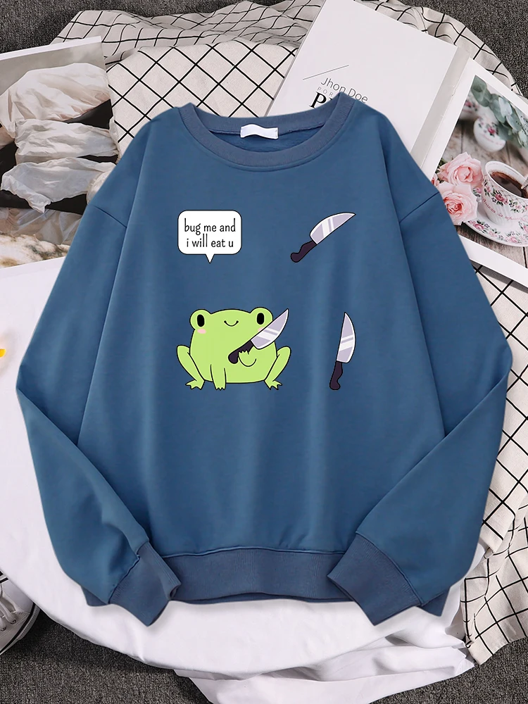 Women Sweatshirts Cute Frog Bug Me And I Will Eat U Print Sweater Lady Oversized Pullover Street Kawaii Animal Female Sweatshirt