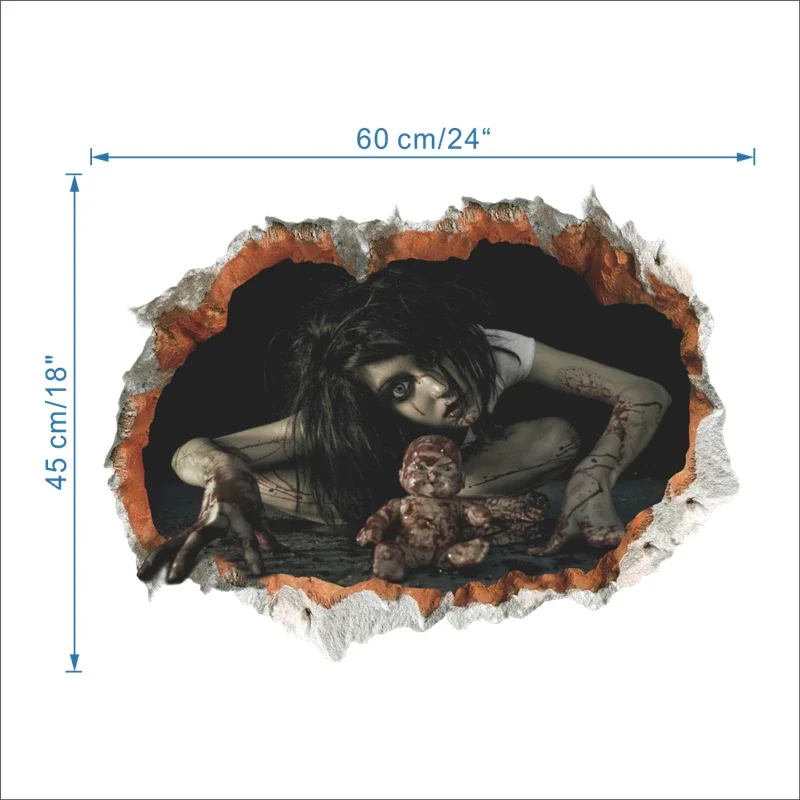 Horrible Bloody Women Wall Stickers For Halloween Festival Poster Diy Home Decoration 3d Vivid Broken Hole Mural Art Pvc Decal