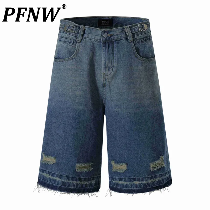 

PFNW Niche Style Men's Denim Shorts Gradient Color Washing Jeans Tie-dye Straight Wide Leg Male Trousers New Chic 2024 28W348