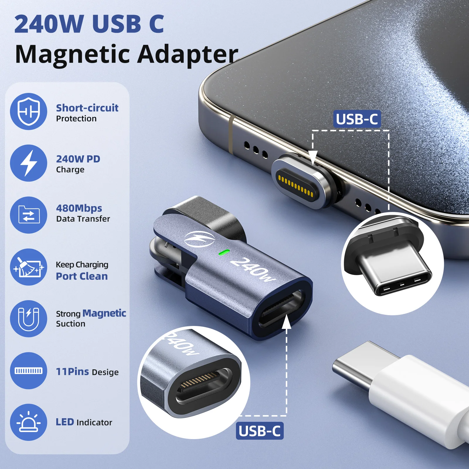 11pin PD 240W Magnetic OTG Adapter Type C Female to Type C Male Converter Fast Charging Data Transfer Adapter For iPhone Laptop