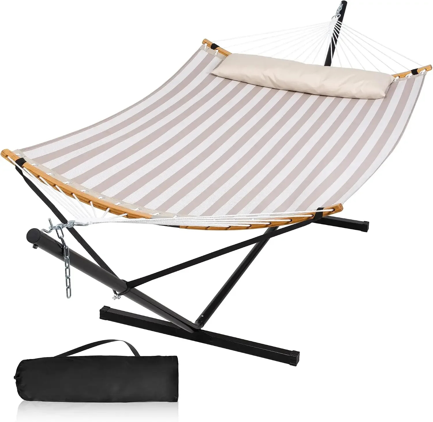 Double Hammock with Stand and Carrying Bag, Light Brown Stripe | Quick Dry Hammock with Curved Spreader Bars and Pillow, 450