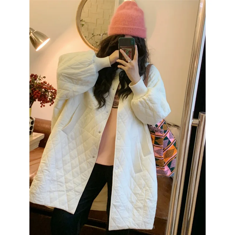 Female new autumn and beiginning winter O- neck light and warm silhouette plus size outerwear M-long diamond casual loose jacket