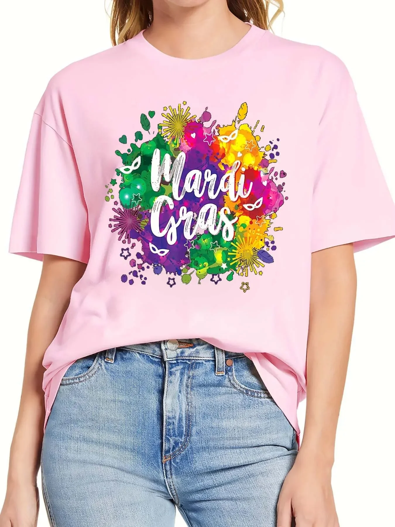 Mardi Gras Graphic Print T-shirt Casual Short Sleeve Crew Neck Top for Spring & Summer Women's Clothing