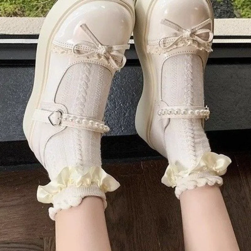 Girls’ Pearl Chain Platform Mary Jane Shoes Kids Bow Lace Trim Heart‑Shaped Buckle Lolita Princess Performance Dress Shoes