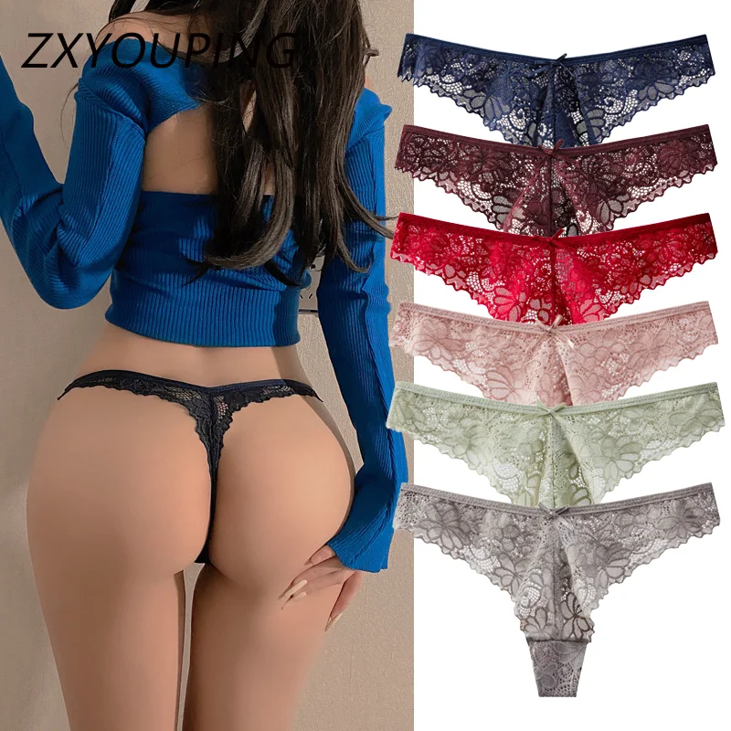 

3PCS Lace Thong Panty for Women Low Waist G String T Back Panties Plain Underwear Transparent Hollow Thong