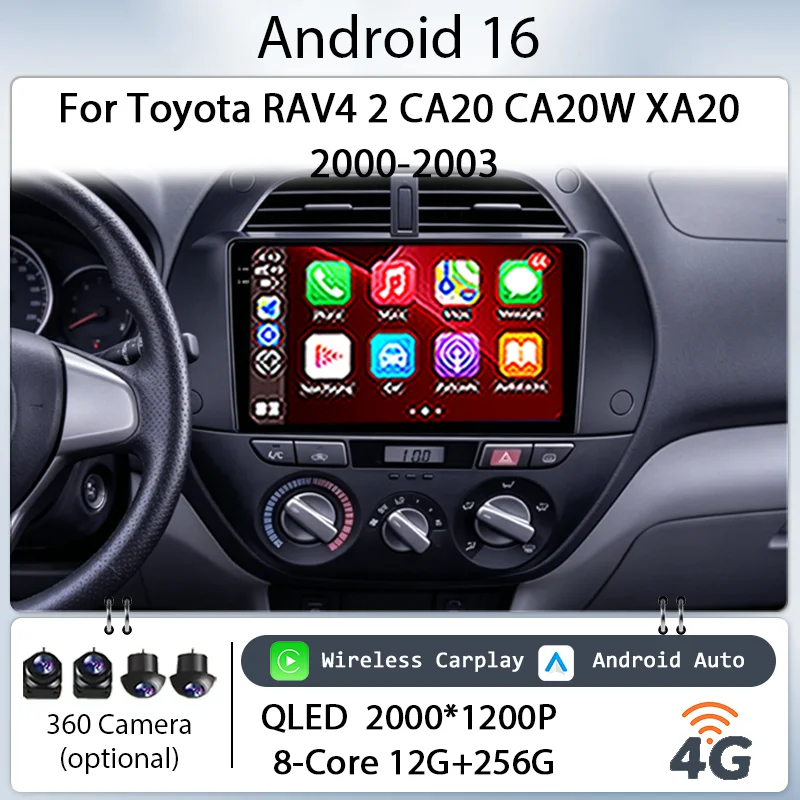 Für Toyota RAV4 2 CA20 CA20W XA20 2000-2003 Auto-Radio-Multimedia-Player 9" Android 16 Wireless CarPlay GPS BT WIFI DSP IPS QLED